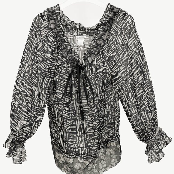 Oscar de la Renta AW/10 Black & White Abstract Silk Lace-Trim Tie-Neck Blouse - Picture 1 of 10